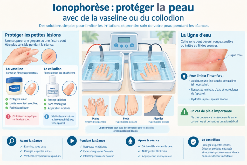Ionophorèse : protéger la peau avec de la vaseline ou du collodion